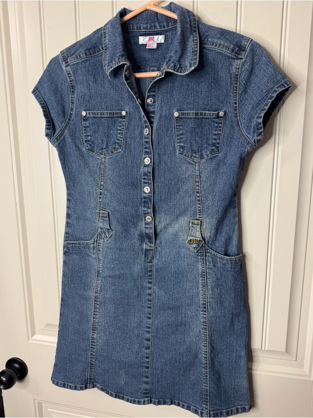 2/for $20 🪩 JLO Jennifer Lopez Blue Denim Button-Front Mini Dress (Teen Large) - Picture 3 of 10